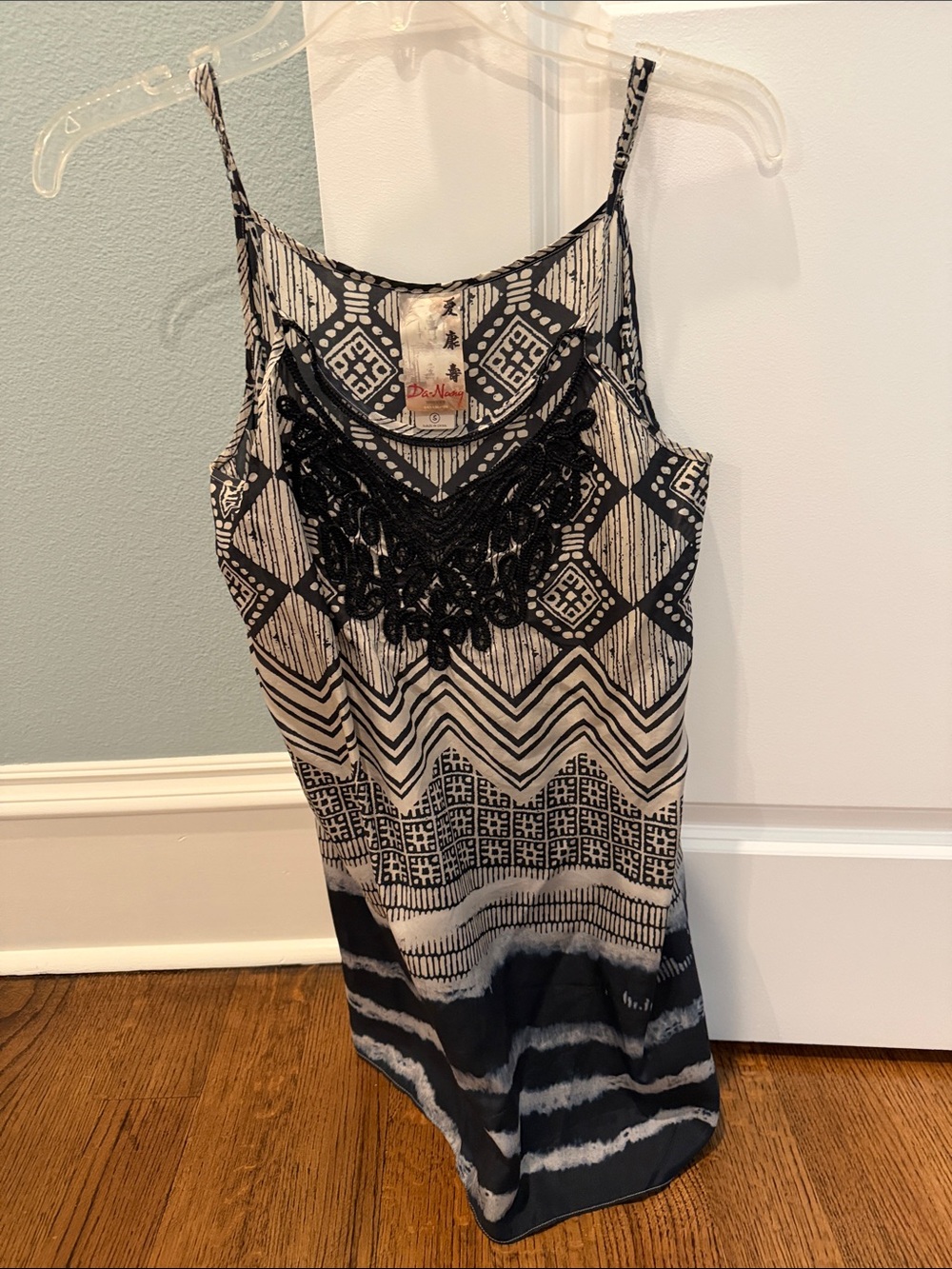 Da-Nang Black & White Geometric Embellished Spaghetti-Strap Mini Dress